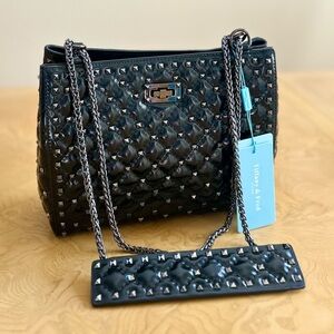 NWT Tiffany & Fred Quilted Studded Leather Shoulder Bag Black